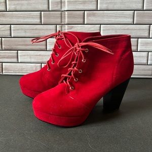 Red faux suede platform booties/shoes